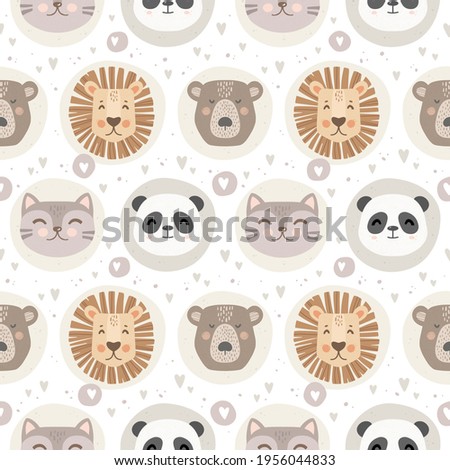 Hand-drawn portraits of cute animals. Cat, lion, bear and panda. Background with hearts and dots, abstract circles. Vector illustration in Scandinavian style. Seamless pattern for baby textiles, print