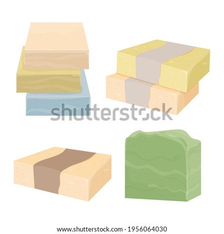 Set of natural handmade vector soap bar in cartoon flat style in trendy colors isolated on white background. Collection Organic spa soap making.