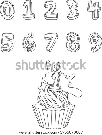Black and white birthday party cake and stylized numbers. Illustration can be used for coloring book and pictures for children.