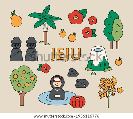 Jeju Island's symbols and icons. outline simple vector illustration. Royalty-Free Stock Photo #1956116776