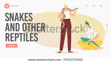 People Care of Tropical Animals Concept.Landing Page Template. Male and Female Characters with Exotic Pets Lizard and Snake. Human and Wild Creatures Varan and Python. Cartoon Vector Illustration