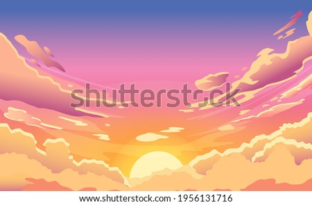 Sunset sky. Cartoon summer sunrise with pink clouds and sunshine, evening cloudy heaven panorama. Morning vector landscape. Beautiful cloudscape with fluffy cumulus, colorful twilight Royalty-Free Stock Photo #1956131716