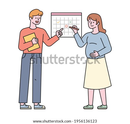 Dad and mom are marking the due date on the calendar. flat design style minimal vector illustration.