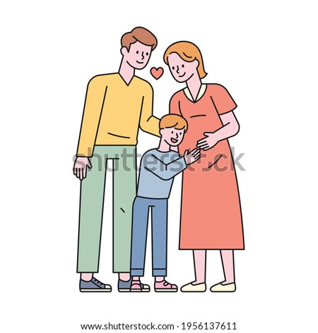 The son is hugging the pregnant mother's belly, and the dad and mother are smiling happily. flat design style minimal vector illustration.