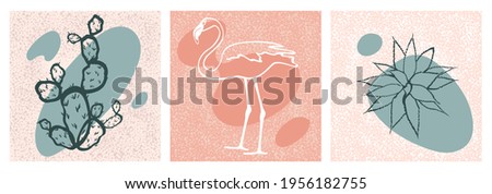 Set of backgrounds with hand drawn abstract cactus, flamingo and aloe in scandinavian minimal style. Modern primitive social media post design template.