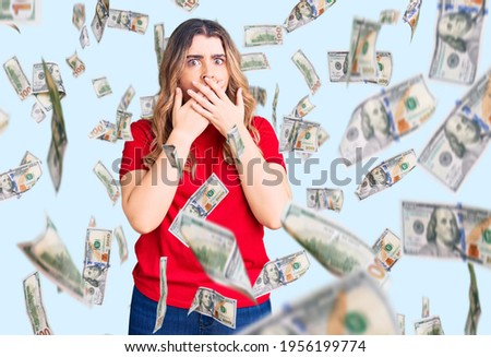 Young caucasian woman wearing casual clothes shocked covering mouth with hands for mistake. secret concept.