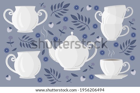Classic tea set collection. Vector illustration of teapot, cups, sugar bowl, milk jug.