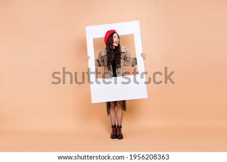 Full size photo of funny brunette girl hold frame stick out tongue fooling isolated on beige color background