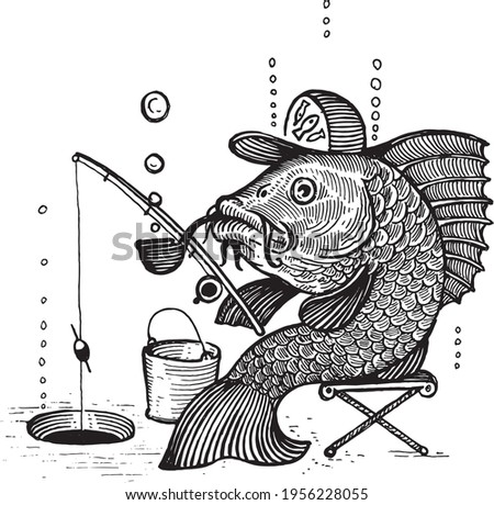 A fish with a cap and a smoking pipe is fishing with a fishing rod, vector illustration. Drawing with an ink pen and pencil. A collection of fish.