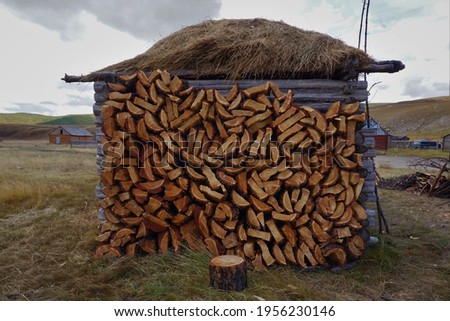 old wooden shed and fire wood in countryside Mongolia travels