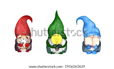School gnomes family set with clocks, light bulb, book  in hands. Watercolor illustration for education, science design