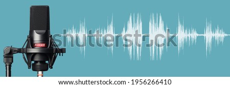 Professional microphone with waveform over blue background. Recording podcasts studio banner