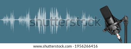 Professional studio microphone with waveform on blue background. Recording podcast or voice. Banner