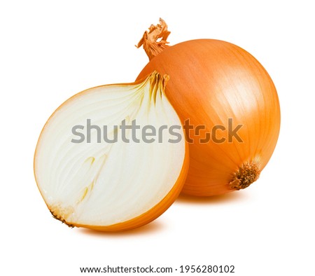 Whole and half onion isolated on white background. Package design element with clipping path