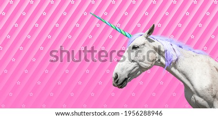 Trendy art collage. Beautiful unicorn on color background, banner design with space for text
