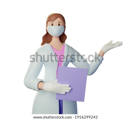 3d render character doctor. Attention. Doctor of medicine woman wearing mask, gloves pointing. Medical clip art isolated on white background. 3d illustration