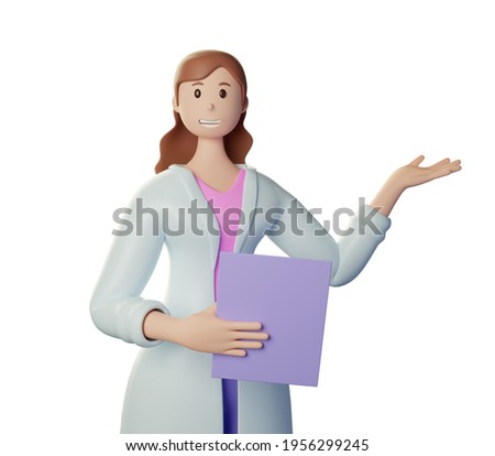 3d render character women. Attention. Doctor of medicine woman pointing. Medical clip art isolated on white background. 3d illustration