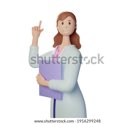 3d render character doctor. Attention. Doctor of medicine woman points up with her finger. Medical clip art isolated on white background. 3d illustration