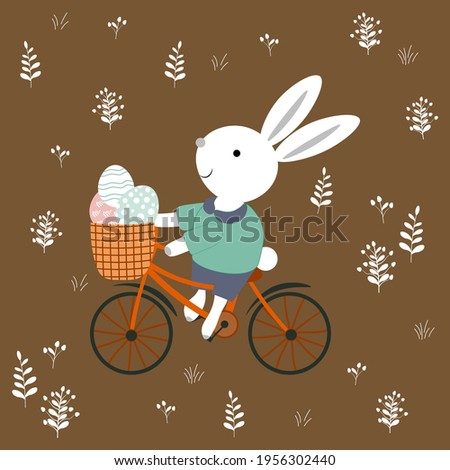 Easter card rabbit on a bicycle, a basket of Easter eggs, white flowers on a brown background. Illustration for textiles, wallpaper - vector design.