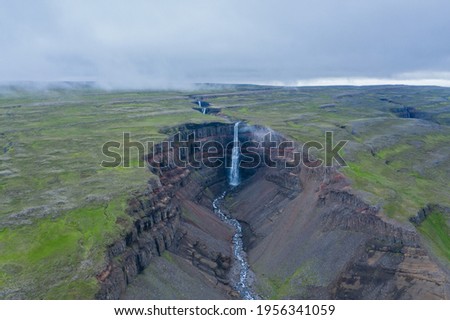 Aerial view of Hengifoss waterfall east of Iceland