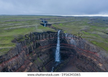 Aerial view of Hengifoss waterfall east of Iceland