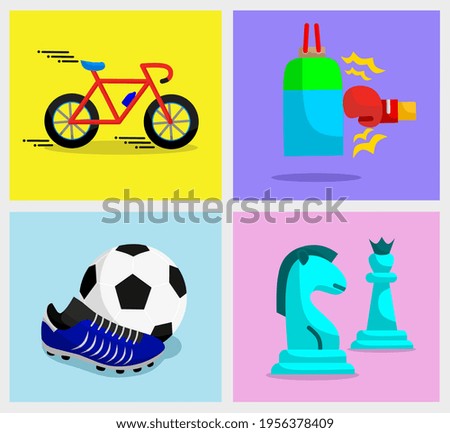 vector set of flat design style sports icons, bicycle racing, boxing practice, football and chess,