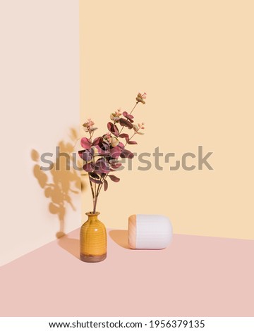 Beautiful retro orange vase and white stone lamp. Timeless aesthetic, home interior decor photography style. Magazines or Scandinavian style.