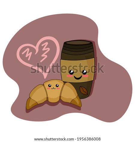 Coffee and croissant with cute faces on a pink background with hearts, kawaii style, vector illustration. Suitable for decorating a coffee shop.