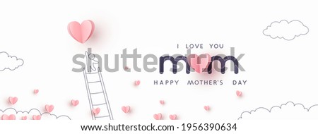 Mother's Day postcard with pink flying elements and man on white sky background. Vector paper symbols of love in shape of heart for greeting card design Royalty-Free Stock Photo #1956390634