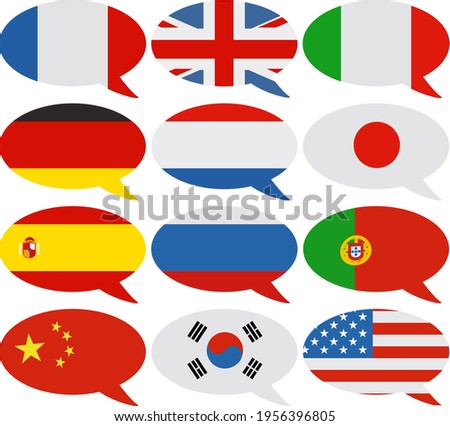 Collection of speech bubbles defining a language with the country flag (flat design)