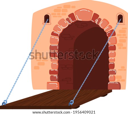 Wooden bridge, drawbridge to medieval castle over moat with water, design cartoon style vector illustration, isolated on white. Royalty-Free Stock Photo #1956409021