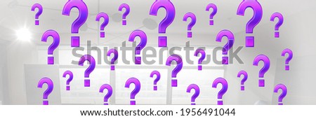 Multiple purple question marks against a white office building background, abstract text concept. digitally generated image.