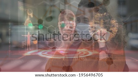 Body scan over caucasian woman on a call in a city, coronavirus and medical technology concept. digitally generated image.