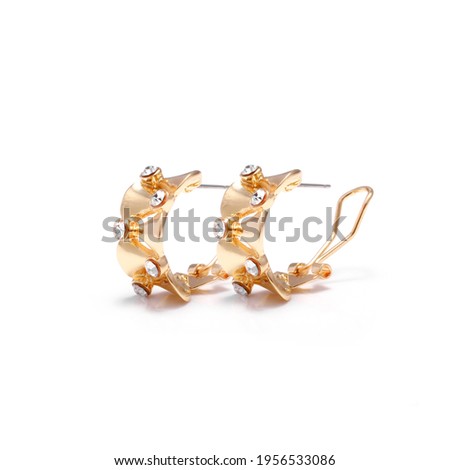 Short Gold Earring with Pearl on white background 