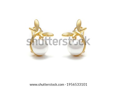 Short Gold Earring with Pearl on white background 