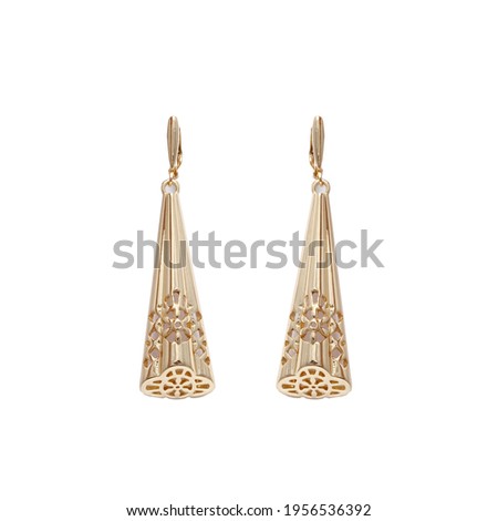 Long Gold Earring in yellow color on white background 