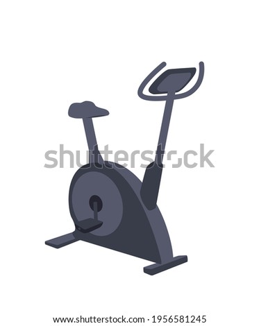 Black exercise bike Modern cartoon clip art isolated on white background. Stationary bicycle Flat icon vector illustration. Cycling equipment machine for Gym, home workout activity