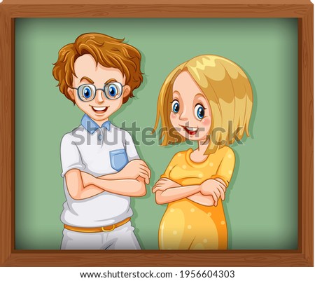 Happy couple photo on wooden frame illustration