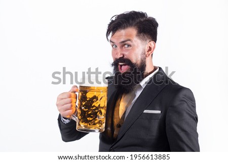 Funny bearded drunk hipster man holds craft beer.
