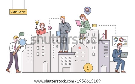 Real estate managers. Business fiddles are working around high-rise buildings. flat design style minimal vector illustration.