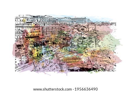 Building view with landmark of Coimbra is the 
city in Portugal. Watercolour splash with hand drawn sketch illustration in vector.