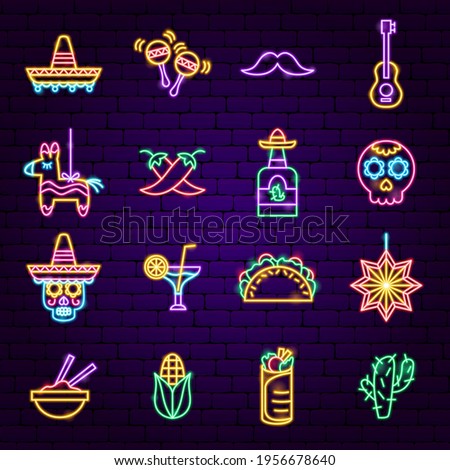 Cinco de Mayo Neon Icons. Fifth of May Translate. Vector Illustration of Industrial Promotion.