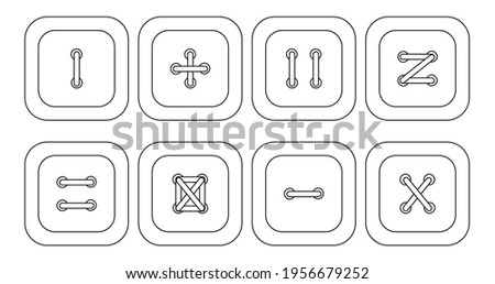 Set of cute square clothing buttons with stitches. Isolated objects in the white background. Black and white elements for coloring pages. Flat style illustration.