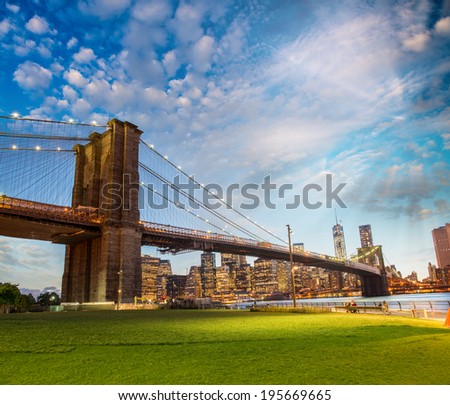 Brooklyn Bridge Park, New York. Stunning Manhattan skyline lights on a summer evening.