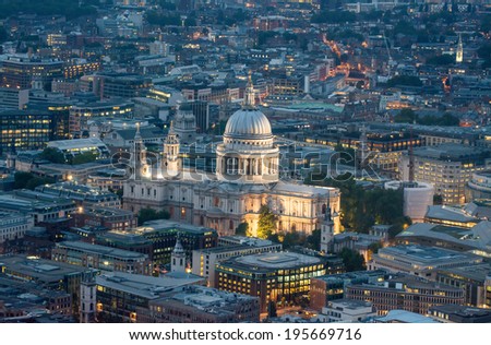 Night lights of Saint Paul Cathedral in London. Aerial view of city landmark.