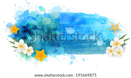 Summer background with starfishes and flowers on abstract watercolor splash