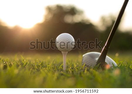 Golf clubs and golf balls on a green lawn in a beautiful golf course with morning sunshine.Ready for golf in the first short.Sports that people around the world play during the holidays for health.