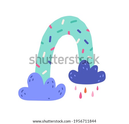 Cute funny rainbow and clouds with magic colorful rain isolated on white background. Scandinavian children's drawing. Childish simple flat vector illustration of lovely arch in doodle style