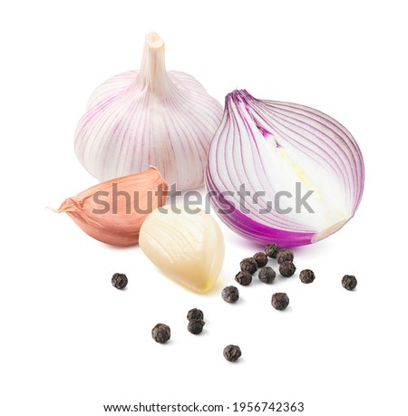 Purple onion, garlic and black pepper isolated on white background. Package design element with clipping path