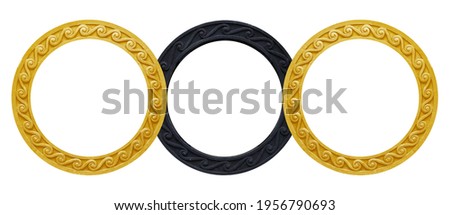 Triple black metal and golden round frame (triptych) for paintings, mirrors or photos isolated on white background. Design element with clipping path